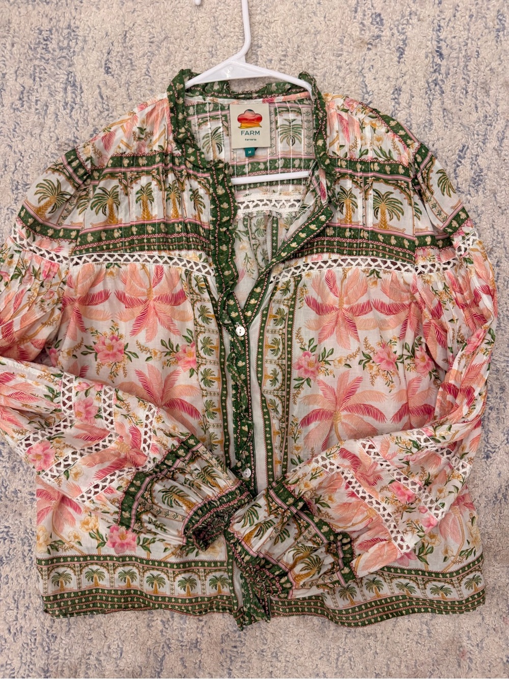 FARM Rio Pink & Green Tropical Print Button-Up Blouse - Picture 3 of 3
